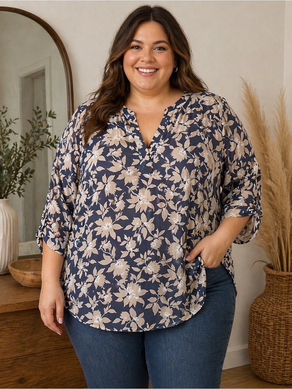 Maurice’s XL Navy Floral V-Neck Blouse